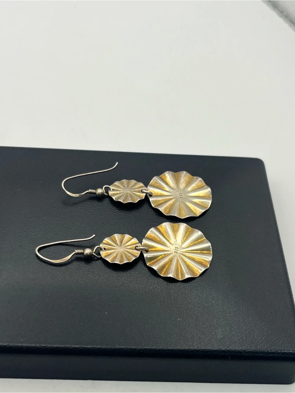 Gold washed sterling silver textured round scalloped dangle vintage earrings